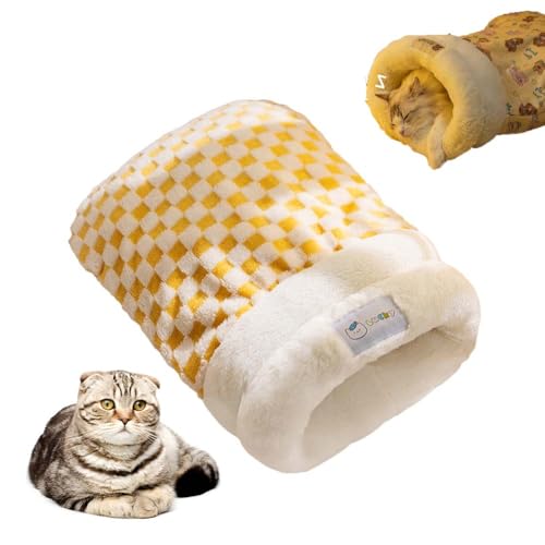 Katzenschlafsack, selbstwärmendes Plüsch-Winter-Haustierbett, 360°-Wickelhöhlennest für Indoor-Katzen/Welpen, Plüsch-Katzen-Schlafsack für Kaninchen, tragbar und waschbar (Gelb (M-45,7 x 35,6 cm) von GUAKK