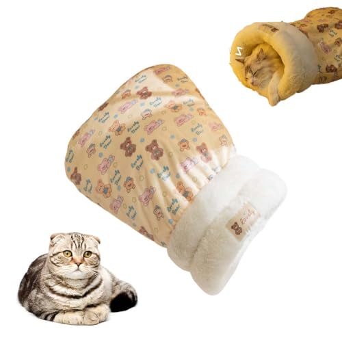 Katzenschlafsack, selbstwärmendes Plüsch-Winter-Haustierbett, 360°-Wickelhöhlennest für Indoor-Katzen/Welpen, Plüsch-Katzenschlafsack für Kaninchen, tragbar und waschbar (Braun(L-55,9 x 45,7 cm)) von GUAKK