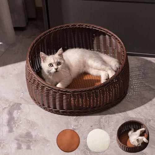 Natürliches Rattan-Katzenbett mit waschbarem Kissen & Bambusmatte, handgewebtes Weiden-Haustierhaus für Indoor-Katzen, atmungsaktives Sommerschlafbett für Kätzchen/kleine Haustiere (Braun) von GUAKK