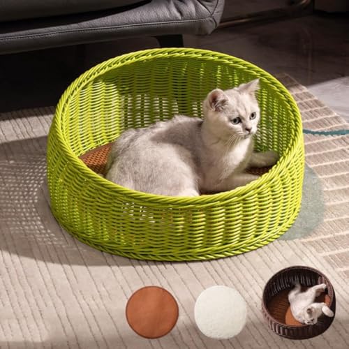 Natürliches Rattan-Katzenbett mit waschbarem Kissen und Bambusmatte, handgewebtes Weiden-Haustierhaus für Indoor-Katzen, atmungsaktives Sommerschlafbett für Kätzchen/kleine Haustiere (grün) von GUAKK