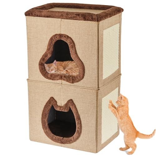 2-stöckiges Katzenhaus für Indoor-Katzenbett, überdachte Katzenbetten mit Versteckhöhle und Kratzpad, faltbares modernes Katzenhaus für mehrere kleine Haustiere, große Kätzchen, Kätzchen 2-stöckiges Katzenhaus für Indoor-Katzenbett, überdachte Katzenbetten mit Versteckhöhle und Kratzpad, faltbares modernes Katzenhaus für mehrere kleine Haustiere, große Kätzchen, Kätzchen von GUATTINE