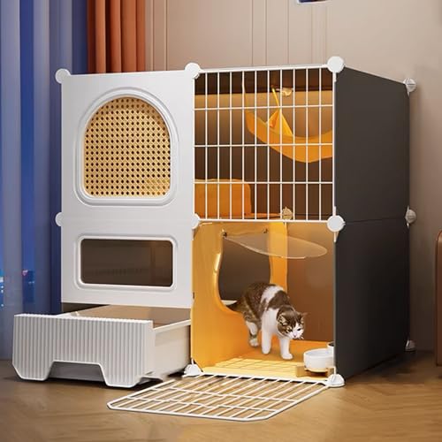 GUAWJRZDP 2/3-stöckiges Katzenkäfig, DIY-Katzenlaufstall, Katzengehege for Den Innenbereich, Mit Katzentoilette, Atmungsaktivem Rattan, Netztür, Katzenhaus, for 1-3 Katzen(29.5x15.4x28.7in) von GUAWJRZDP