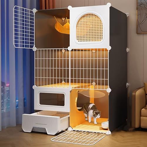 GUAWJRZDP 2/3-stöckiges Katzenkäfig, DIY-Katzenlaufstall, Katzengehege for Den Innenbereich, Mit Katzentoilette, Atmungsaktivem Rattan, Netztür, Katzenhaus, for 1-3 Katzen(29.5x15.4x42.9in) von GUAWJRZDP