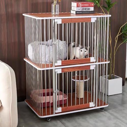 GUAWJRZDP 2-stöckiger Katzenkäfig, Katzengehege, Katzenkäfig Für Balkon, Atmungsaktiv, 2 Türen, Edelstahl, Mit Rädern, Haustierlaufstall, for Kleintiere(Walnut,Length33.5in) von GUAWJRZDP