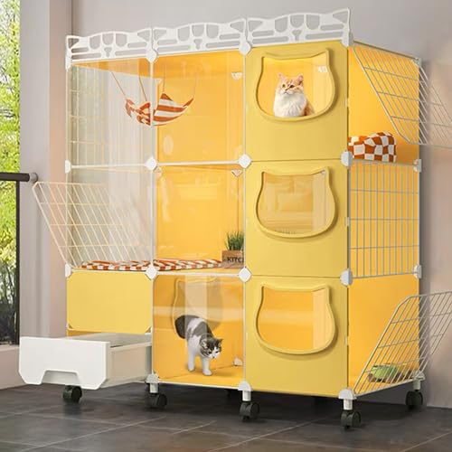 GUAWJRZDP 3-lagiger Katzengehege, Großer Katzenkäfig, DIY-Katzenlaufstall, Mit Katzentoilette, 3 Türen, 20 Kg Belastbar, Mit Rädern, Katzenhaus, Gelb(42.1x14.6x47.6in) von GUAWJRZDP
