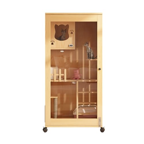 GUAWJRZDP 3-stöckiges Katzenkäfig, Katzengehege Aus Holz, Großer Katzenkäfig, Transparente Tür, Mit Licht, Mit Leiterzaun, Laufstall for Haustiere, Originalholzfarbe(23.6x23.6x47.2in) von GUAWJRZDP