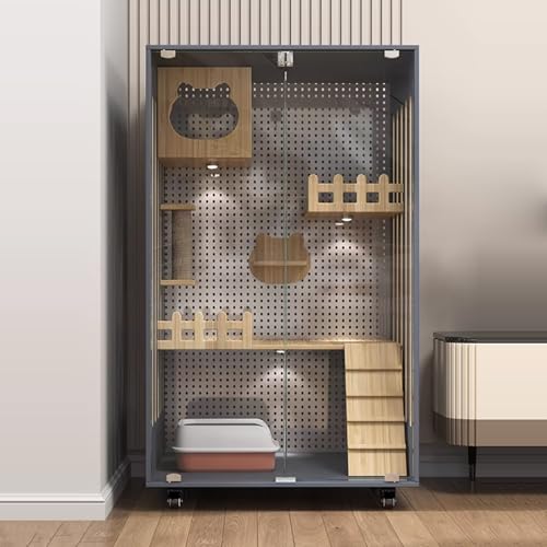 GUAWJRZDP 4-stöckiger Katzenkäfig, Katzengehege, Katzenlaufstall for Den Innenbereich, Lochblech Aus Metall, Transparente Tür, Mit Leiter, Universalrädern, for 2 Katzen(Gray,L90cm/35.4in) von GUAWJRZDP
