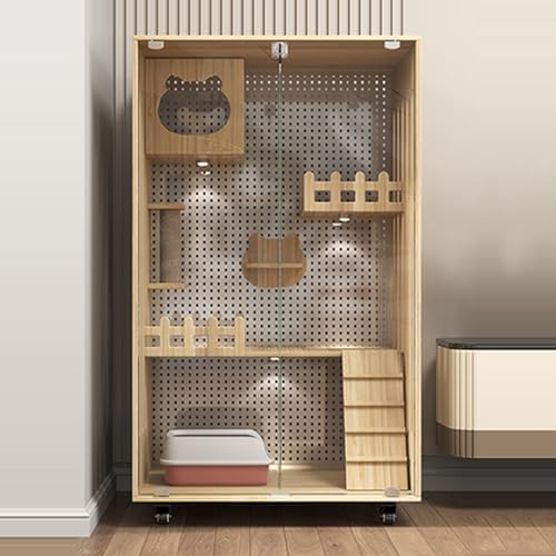 GUAWJRZDP 4-stöckiger Katzenkäfig, Katzengehege, Katzenlaufstall for Den Innenbereich, Lochblech Aus Metall, Transparente Tür, Mit Leiter, Universalrädern, for 2 Katzen(Wood color,L90cm/35.4in) von GUAWJRZDP