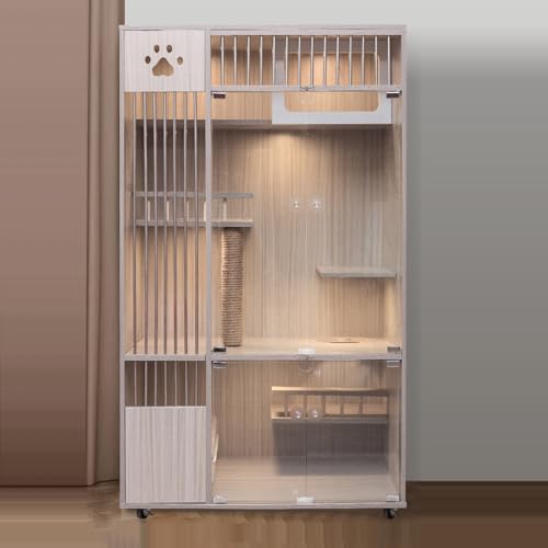 GUAWJRZDP 4-stöckiges Katzengehege, Katzenkäfig for Den Innenbereich, Katzenlaufstall, Holz, Transparente Tür, Beweglich, Mit Plattform, Katzenhaus, Grau(23.6x35.4x59.1in) von GUAWJRZDP