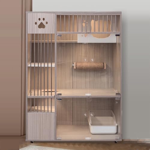 GUAWJRZDP Großer Katzenkäfig, Katzengehege Aus Holz, Katzenlaufstall, Gehärtetes Glas, Mit Sprungbrett, Universalrad, Haustierlaufstall, for 1-3 Katzen, Grau(23.6x35.4x47.2in) von GUAWJRZDP