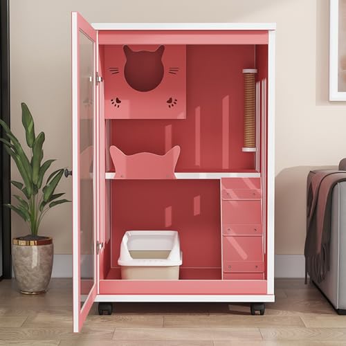 GUAWJRZDP Holz Katzenkäfig, Katzengehege, Großer Katzenkäfig, Transparente Acryltür, Mit Universalrad, Sisal-Greifpfosten, for Den Innenbereich, 23,6 X 23,6 X 35,4 Zoll(Pink) von GUAWJRZDP