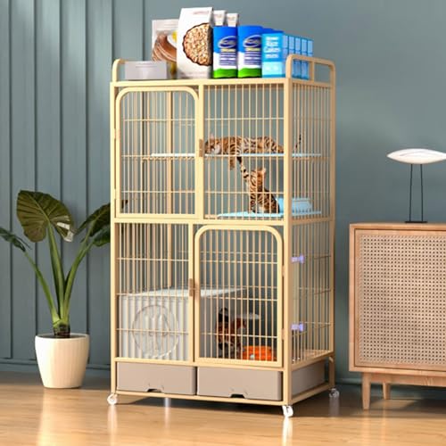 GUAWJRZDP Katzengehege, Großer Katzenkäfig, Katzenlaufstall for Den Innenbereich, Mit Katzentoilette, Schubladenaufbewahrung, Hohem Zaun, Abnehmbar, Haustierlaufstall(Gold,High129cm/50.7in) von GUAWJRZDP