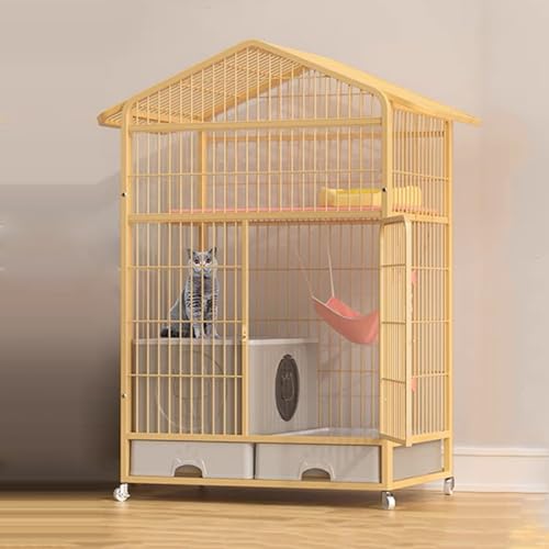 GUAWJRZDP Katzenkäfig, 3-stöckiger Katzenlaufstall, Katzengehege, Mit Katzentoilette, Mit Aufbewahrungsschublade, Mit Universalrädern, 82,9 X 59,4 X 135,6 cm(Gold) von GUAWJRZDP