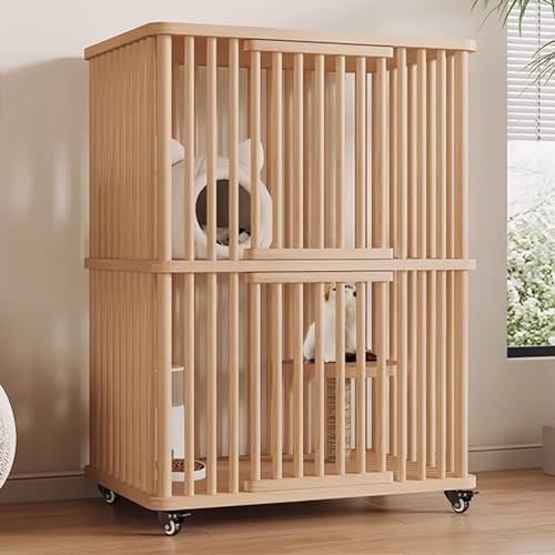 GUAWJRZDP Katzenkäfig Aus Holz, Katzengehege, Großer Katzenkäfig, 2 Türen, mit Rädern, Sisal-Sprungbrett, Laufstall for Haustiere, Einfach Aufzubauen, for 1-2 Katzen(Wood Color,SMALL_2 Layers) von GUAWJRZDP