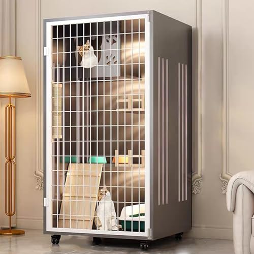 GUAWJRZDP Katzenkäfig Aus Holz, Katzengehege, Katzenhaus, mit Netztür, Universalrädern, Groß for Den Innenbereich, Bequem, Übungsort, Ideal for 1–2 Katzen(Gray,23.6x23.6x47.2in) von GUAWJRZDP