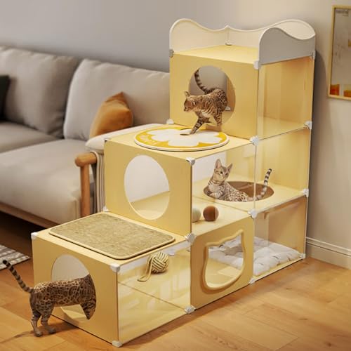 GUAWJRZDP Katzenkäfig Indoor, DIY-Katzenlaufstall, Katzengehege, Mehrschichtiges, Transparent, Mehrtürig, Einfach Zusammenzubauen, Katzenhaus, for 1-2 Katzen, Gelb(6 grids) von GUAWJRZDP