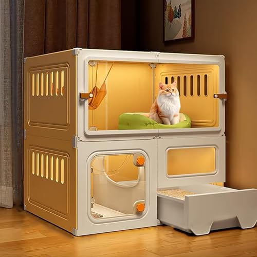 GUAWJRZDP Katzenkäfig for Den Innenbereich, Katzengehege, DIY-Katzenlaufstall, mit Nachtlicht, mit Katzentoilette, Transparentes Design, Haustierlaufstall(Giallo,27.6x17.7x27.6in) von GUAWJRZDP
