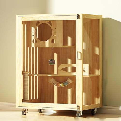 GUAWJRZDP Katzenkäfig for Den Innenbereich, Katzengehege, Großer Katzenkäfig, Holz, Transparente Tür, Atmungsaktiv, mit Universalrädern, Holzfarbe, Katzenhaus(23.6x23.6x35.4in) von GUAWJRZDP