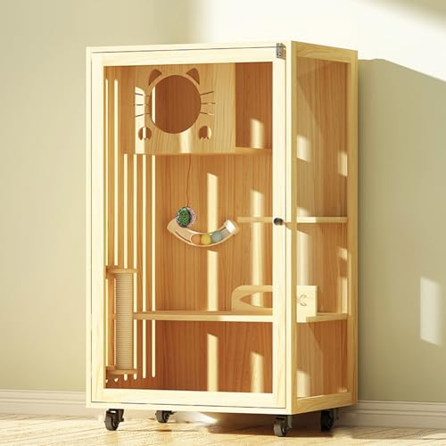 GUAWJRZDP Katzenkäfig for Den Innenbereich, Katzengehege, Großer Katzenkäfig, Holz, Transparente Tür, Atmungsaktiv, mit Universalrädern, Holzfarbe, Katzenhaus(23.6x23.6x47.2in) von GUAWJRZDP