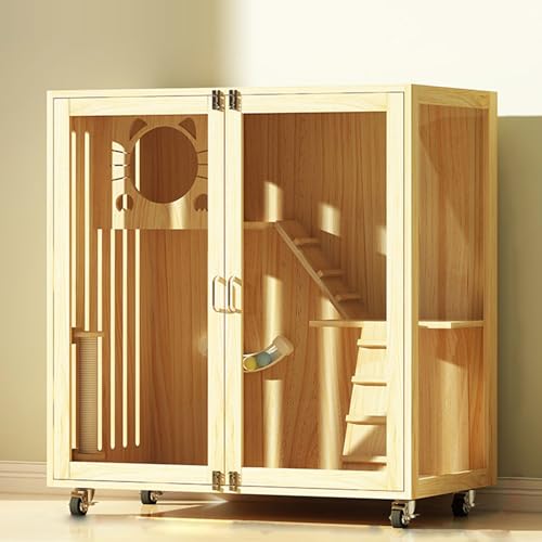 GUAWJRZDP Katzenkäfig for Den Innenbereich, Katzengehege, Großer Katzenkäfig, Holz, Transparente Tür, Atmungsaktiv, mit Universalrädern, Holzfarbe, Katzenhaus(35.4x23.6x35.4in) von GUAWJRZDP