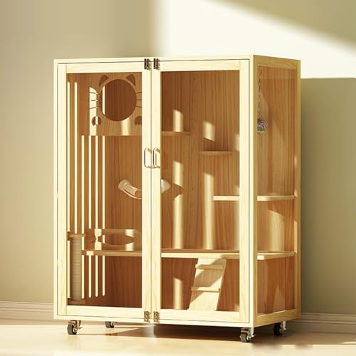 GUAWJRZDP Katzenkäfig for Den Innenbereich, Katzengehege, Großer Katzenkäfig, Holz, Transparente Tür, Atmungsaktiv, mit Universalrädern, Holzfarbe, Katzenhaus(35.4x23.6x47.2in) von GUAWJRZDP