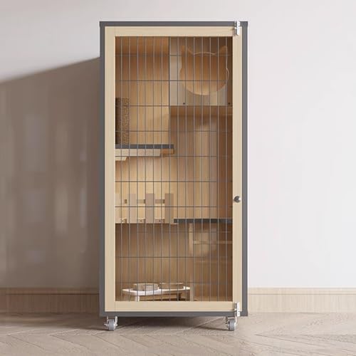 GUAWJRZDP Katzenlaufstall Aus Holz, Katzenkäfig, Katzengehege, Großer Raum, Mehrschichtig, Atmungsaktiv, Eisentor, Mit Licht, Freier Zugang, Katzenhaus, for 1-3 Katzen(Wood color,23.6x23.6x47.2in) von GUAWJRZDP
