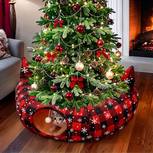 GUDELAK Katzentunnel, Weihnachtsbaumrock, exquisiter Katzenbett-Tunnel mit hängendem Ball, Büffelkariert, Weihnachtsbaumkragen, Katzenhöhle für Haustier, Innen- und Außenbereich, Dekorationen GUDELAK Katzentunnel, Weihnachtsbaumrock, exquisiter Katzenbett-Tunnel mit hängendem Ball, Büffelkariert, Weihnachtsbaumkragen, Katzenhöhle für Haustier, Innen- und Außenbereich, Dekorationen von GUDELAK