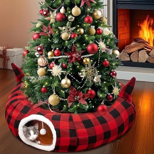 GUDELAK Katzentunnel für unter Weihnachtsbaum, Katzenbetten für Indoor-Katzen mit hängendem Ball und Kätzchenohren, Donut-Katzenbetthöhle mit Weihnachtsbaum-Rock, rot und schwarz, kariert, für von GUDELAK