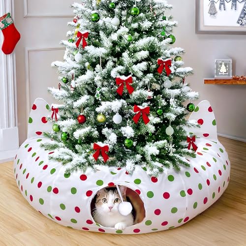 GUDELAK Weihnachtsbaum Katzentunnel mit roten & grünen Punkten - Faltbarer Knistertunnel mit Peek-Löchern & hängenden Kugeln, Urlaub Interaktives Spielzeug für Indoor Katzen & Kätzchen von GUDELAK