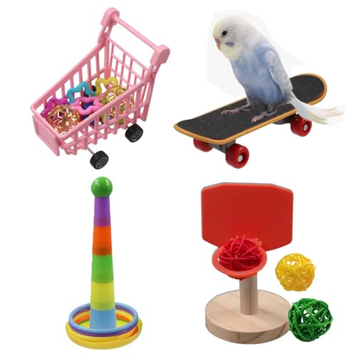 GUDEKIKL 4 Pack Bird Intelligence Training Toys, Bird Mini Shopping Cart with Chewing Toy, Bird Basketball Throwing Toys, Colorful Stacking Rings Skateboard for Parrots Birds von GUEDKIKL