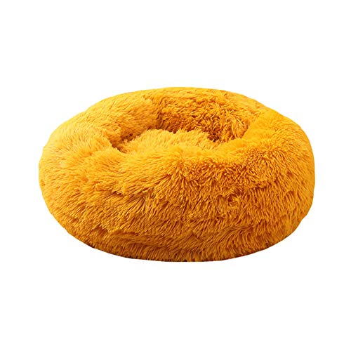 GUOCU Haustierbett Doughnut Form Klein Hund Bett Rundes Plüsch Katzenbett Hundehaus Welpen Tragbare Warme Weiche Bequeme Hundehütte,Gelb,M:60cm von GUOCU