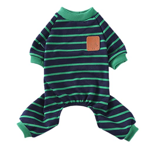 Hund Pyjama Welpe Jumpsuit Strick Pyjama Süßes Druckmuster Streifen Weiche Warm Komfortable Haustier Hund Langarm Shirt Herbst Winter Home Kostüm für Kleine Mittelgroße Hunde,Grün,L von GUOCU