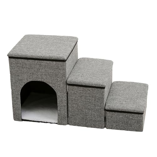 Hundetreppe 3 Stufen mit Höhle,Katzentreppe Faltbare Haustiertreppe mit Stauraum,Tiertreppe für Kleine Hunde Katzen,3-in-1 rutschfeste Haustierrampe für Sofa & Bett Khaki von GUOCU