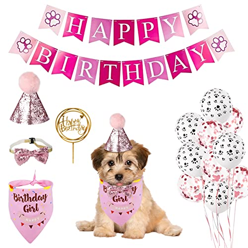 GUOYIHUA Hunde-Geburtstagspartyzubehör, Hunde-Geburtstags-Bandana-Schal, Hunde-Jungen-Geburtstagsparty-Hut mit Zahl, Geburtstagsfeier-Dekorationen (6 Stück, rosa) von GUOYIHUA