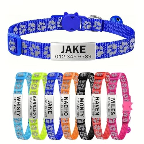 Benutzerdefinierte ID-Name Tag Kätzchen Welpenkragen Mit Glocken Personalisierter Anti-verlorener Verstellbarer Nylon Reflexion PET PET HALLAR,Blau,19-32 cm von GUQOFAIE