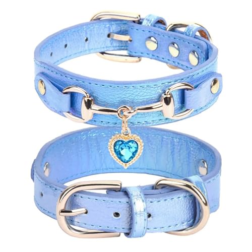 Glänzender Strassonestone Verstellbares PU Leder -Katzenkragen Mit Liebesherz Anhänger Für Shiba Inu Pommerianer Mops,Blau,M von GUQOFAIE