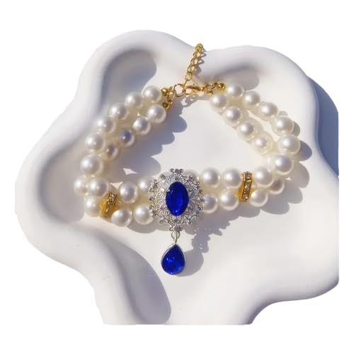 Luxus Doppelte Schicht Künstliche Perle Haustierkragen Halskette Mit Künstlichem Diamantanhänger Pet Hochzeitsfeiern Vorräte,Blau,L (30-35 cm) von GUQOFAIE