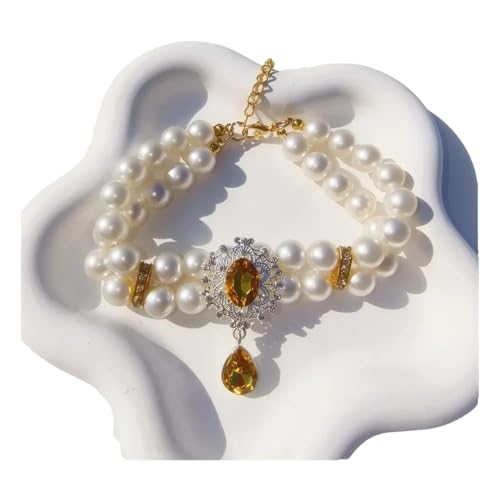 Luxus Doppelte Schicht Künstliche Perle Haustierkragen Halskette Mit Künstlichem Diamantanhänger Pet Hochzeitsfeiern Vorräte,Gold,XL (35-40 cm) von GUQOFAIE