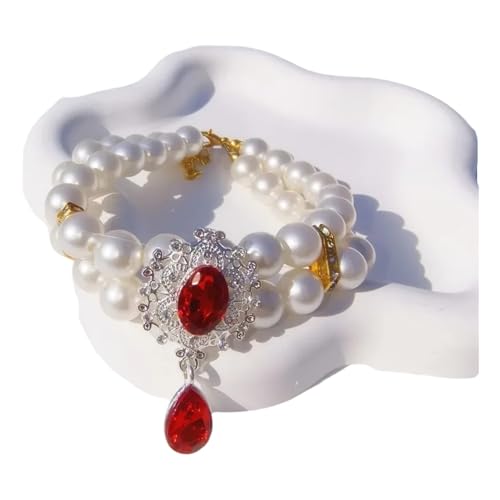 Luxus Doppelte Schicht Künstliche Perle Haustierkragen Halskette Mit Künstlichem Diamantanhänger Pet Hochzeitsfeiern Vorräte,Rot,S (20-25 cm) von GUQOFAIE