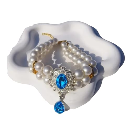 Luxus Doppelte Schicht Künstliche Perle Haustierkragen Halskette Mit Künstlichem Diamantanhänger Pet Hochzeitsfeiern Vorräte,Seeblau,L (30-35 cm) von GUQOFAIE