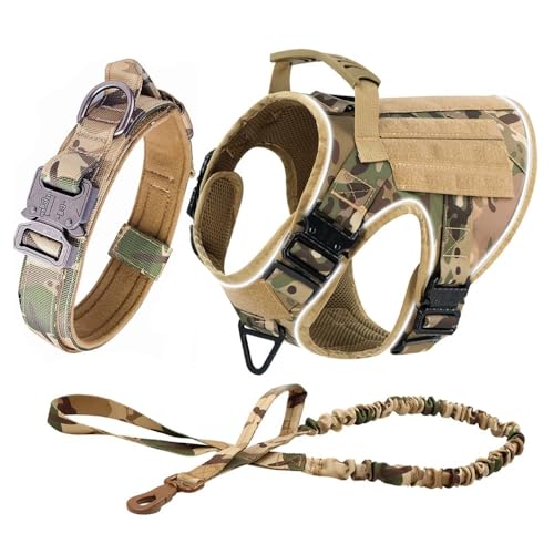 Militärtaktische Haustiertraining Camping Jagd Halshalsband Leine Set Im Freien Reflexion Band 4 Metallschnallen Hundekabelbaumkragen Leine Set,D,L von GUQOFAIE