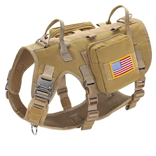 Starkes Nylon Taktischer Militärhundkabelbaum Arbeit Hunde Training Camping Jagdausbildung Gurt Weste Mit 2 Taschen 3 Flaggen Für Kleine Große Hunde,Khaki,L von GUQOFAIE