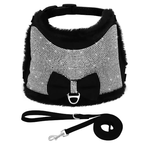 Weich Bequem Warm Warm Hundegurt Weste Leine Set Glänzender Strassstein Einstellbarer Haustierkabelbaum Leine Set Für Kleine Hunde Katzen Chihuahuas Mops, Black,L von GUQOFAIE