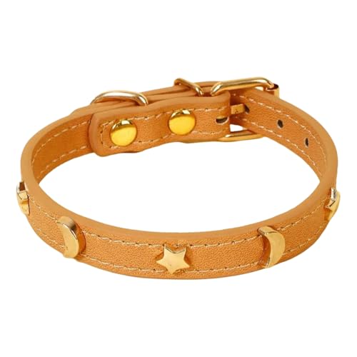 Weiche PU -Leder Niedliche Katzenkragen Mit Sternen Mondzubehör Für Shiba Inu Pug Chihuahua Yorkie,Khaki,S von GUQOFAIE