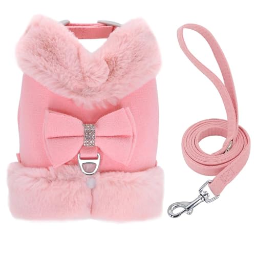 Winter Haustier Welpe Kleidung Weste Warmes Pelzhundkabelbaum Und Leine Set Strass Boug Pet Gurt Und Leine Für Mops Französische Bulldogge Chihuahua,A,XS von GUQOFAIE