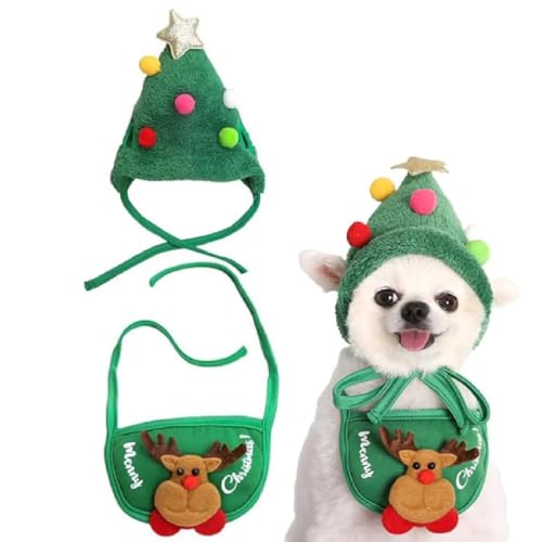 Adorable Christmas Tree Pom-Pom Hat, Weihnachtsmütze Hund, Weihnachtskostüm Katzen Hunde, Verstellbarer Weihnachtsbaummütze Weihnachts Outfit für Klein Hunds Katze (Grün, L) von GUSHE