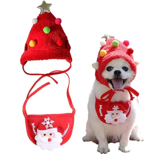 Adorable Christmas Tree Pom-Pom Hat, Weihnachtsmütze Hund, Weihnachtskostüm Katzen Hunde, Verstellbarer Weihnachtsbaummütze Weihnachts Outfit für Klein Hunds Katze (Rot, S) von GUSHE