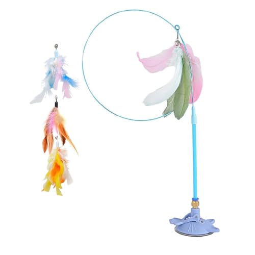 Meowmastery Toy, Meow Mastery Teaser Wand mit 3 Ersatz Federn, Federspielzeug für Katzen, Katzenangel Spielzeug mit Saugnapf und Federn, Interaktives Katzenspielzeug für Bewegung, Aktivität (Blau) von GUSHE