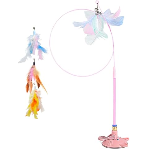 Meowmastery Toy, Meow Mastery Teaser Wand mit 3 Ersatz Federn, Federspielzeug für Katzen, Katzenangel Spielzeug mit Saugnapf und Federn, Interaktives Katzenspielzeug für Bewegung, Aktivität (Rosa) von GUSHE
