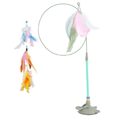 Meowmastery Toy, Meow Mastery Teaser Wand mit 3 Ersatz Federn, Federspielzeug für Katzen, Katzenangel Spielzeug mit Saugnapf und Federn, Interaktives Katzenspielzeug für Bewegung, Aktivität (Grün) von GUSHE